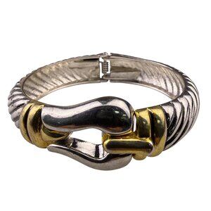 Two-Tone Metal Womens Hinged Bangle Bracelet Hook Closure Silver Tone Gold Tone